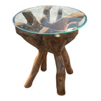 Table d'appoint en racine de teck avec plateau en verre brun – 1 Personne