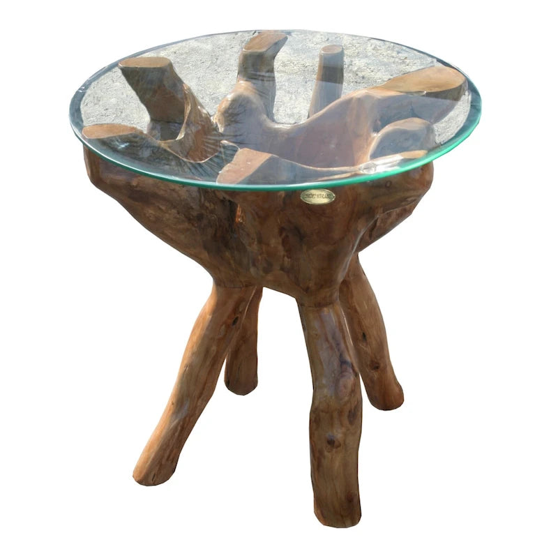Table d'appoint en racine de teck avec plateau en verre brun – 1 Personne