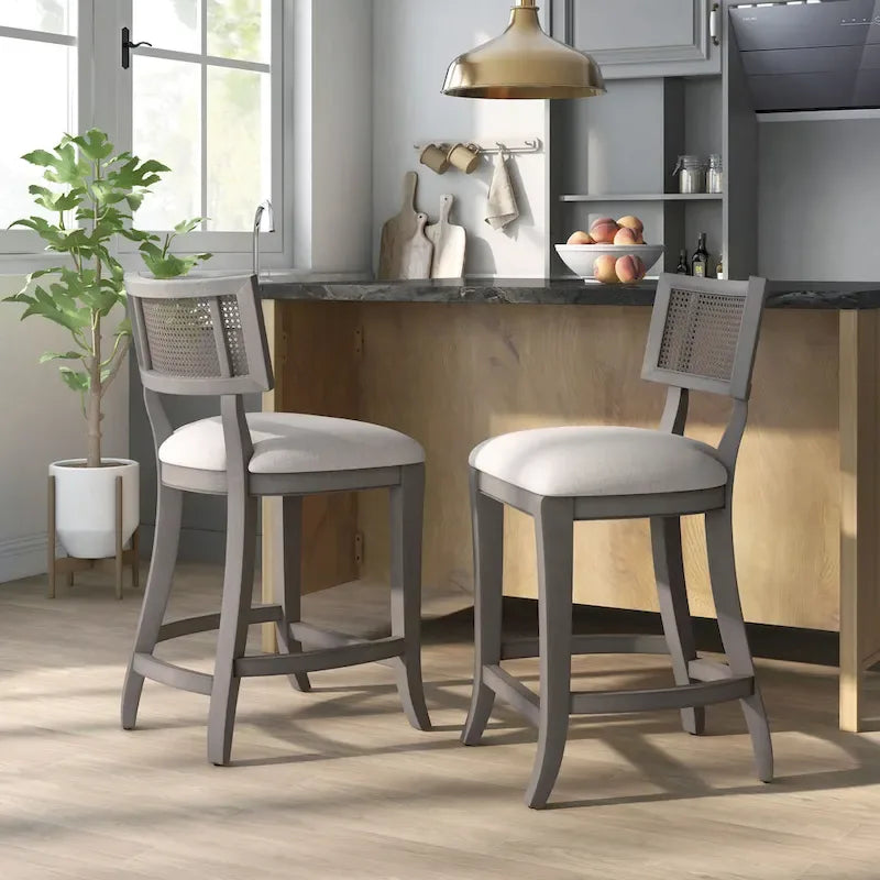 Chaise de comptoir à dossier en cannage, ton naturel/gris lavé, pour 1 personne