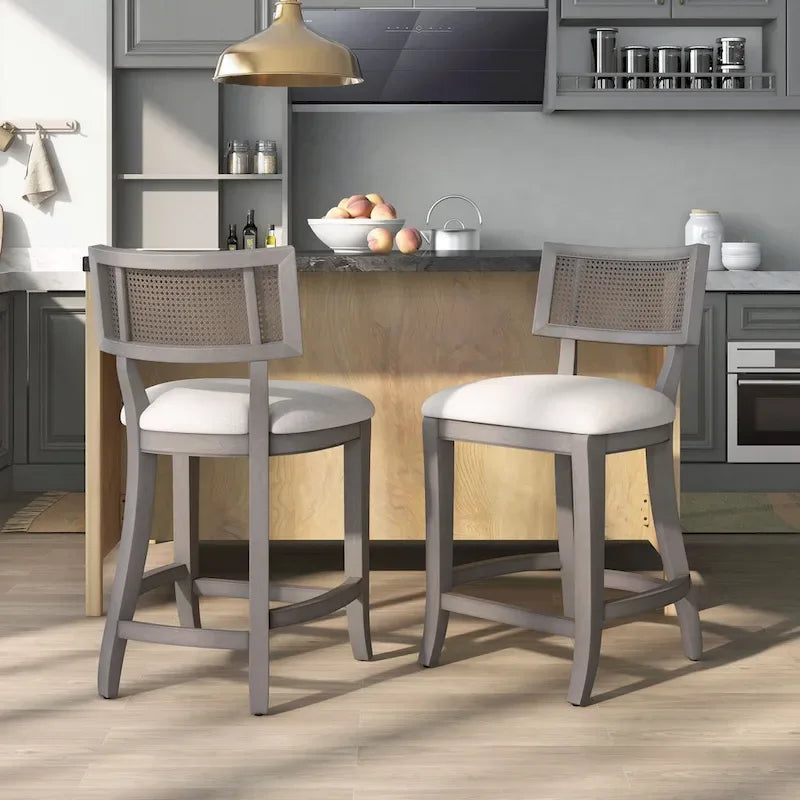 Chaise de comptoir à dossier en cannage, ton naturel/gris lavé, pour 1 personne