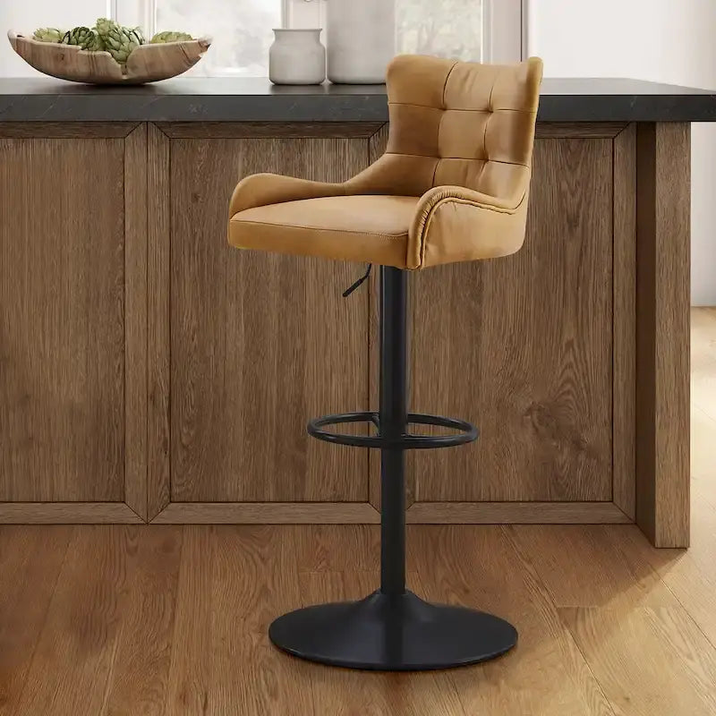 Tabouret de bar pivotant en cuir brun clair/cognac, sans accoudoirs, hauteur réglable — À l'unité / Lot de 2