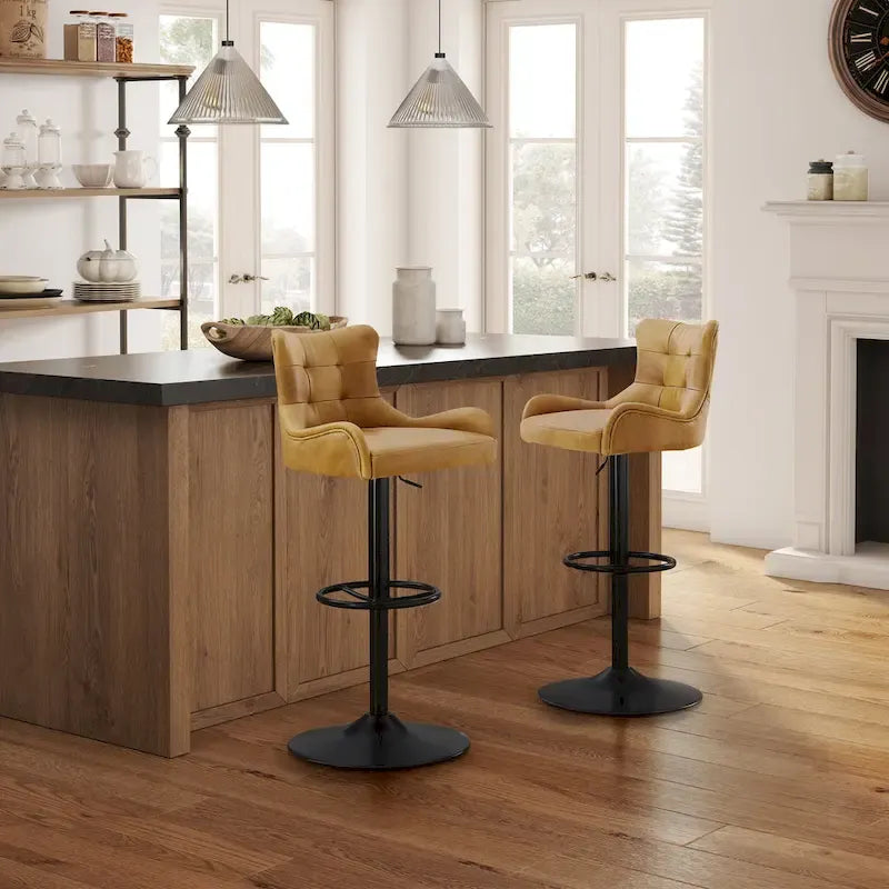 Tabouret de bar pivotant en cuir brun clair/cognac, sans accoudoirs, hauteur réglable — À l'unité / Lot de 2