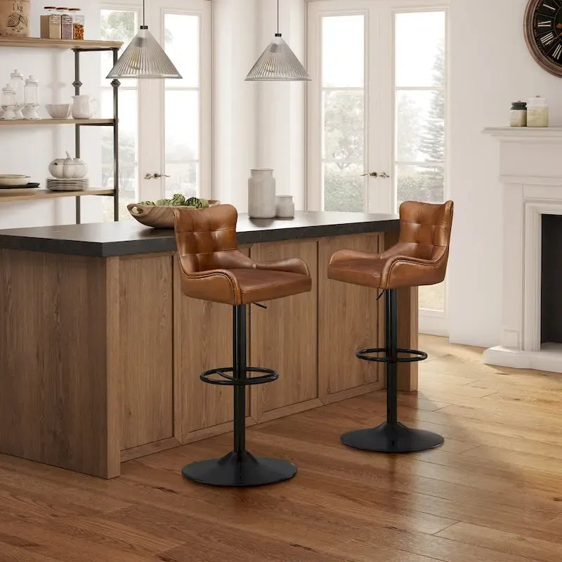 Tabouret de bar pivotant en cuir brun clair/cognac, sans accoudoirs, hauteur réglable — À l'unité / Lot de 2