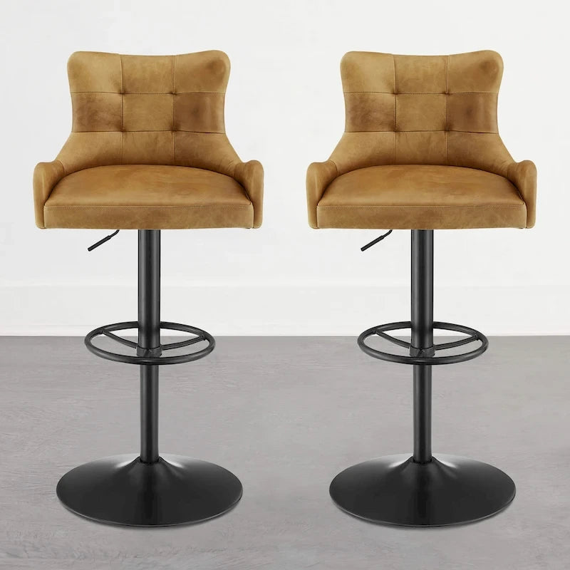 Tabouret de bar pivotant en cuir brun clair/cognac, sans accoudoirs, hauteur réglable — À l'unité / Lot de 2