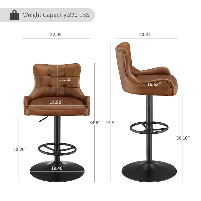 Tabouret de bar pivotant en cuir brun clair/cognac, sans accoudoirs, hauteur réglable — À l'unité / Lot de 2