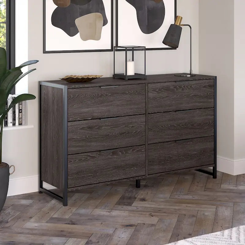 Commode 6 tiroirs — Gris anthracite / Noyer moderne / Gris platine | Style industriel moderne