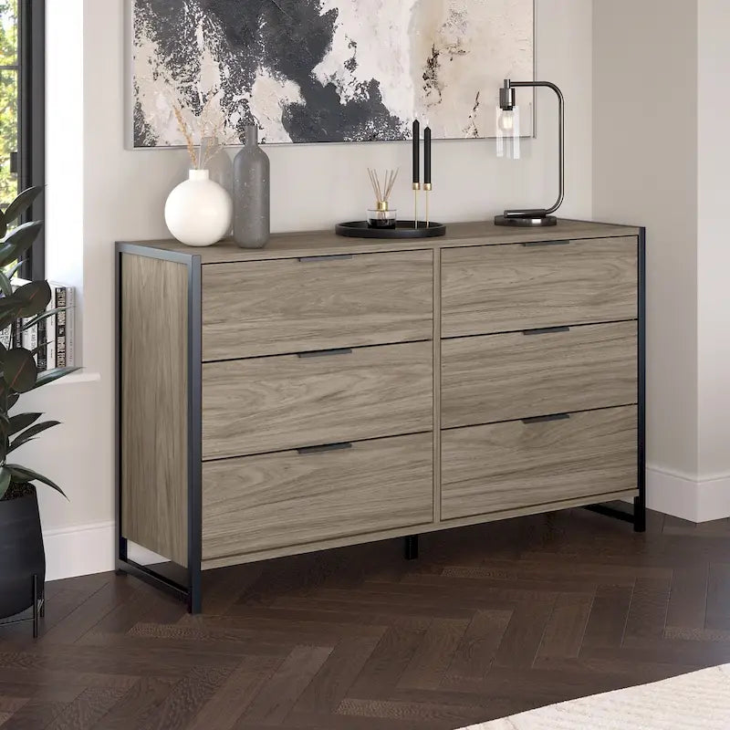Commode 6 tiroirs — Gris anthracite / Noyer moderne / Gris platine | Style industriel moderne