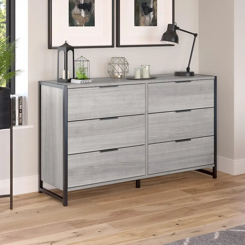 Commode 6 tiroirs — Gris anthracite / Noyer moderne / Gris platine | Style industriel moderne