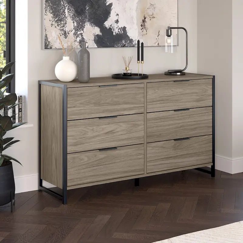Commode 6 tiroirs — Gris anthracite / Noyer moderne / Gris platine | Style industriel moderne
