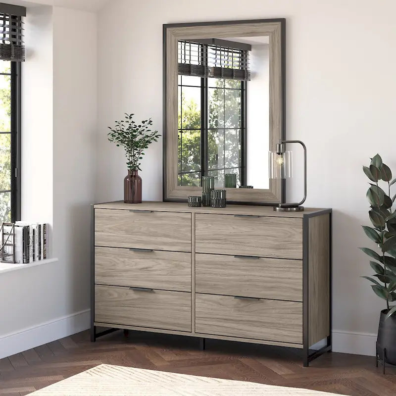 Commode 6 tiroirs — Gris anthracite / Noyer moderne / Gris platine | Style industriel moderne