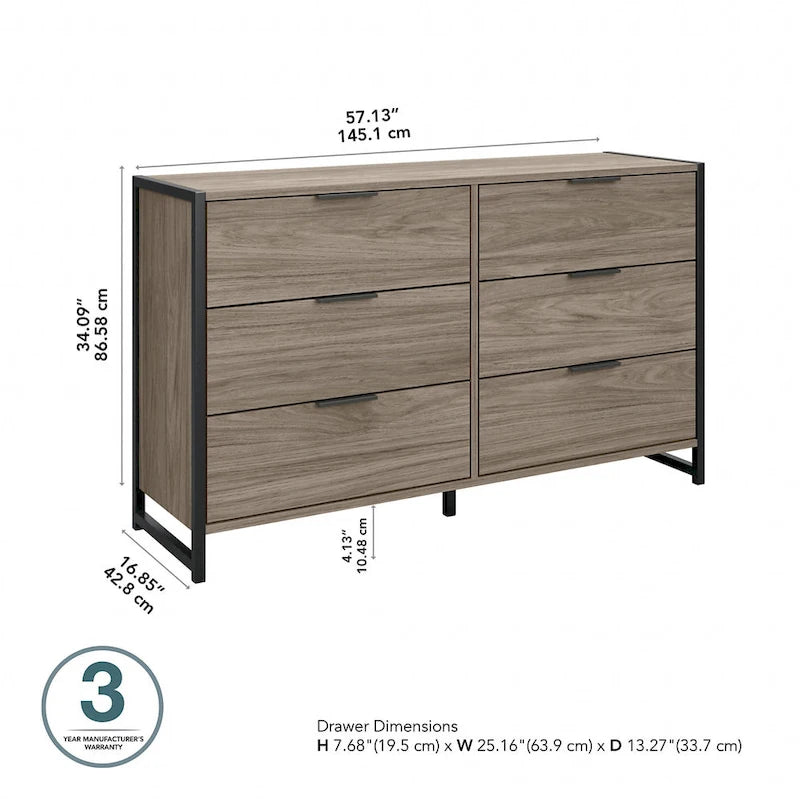 Commode 6 tiroirs — Gris anthracite / Noyer moderne / Gris platine | Style industriel moderne