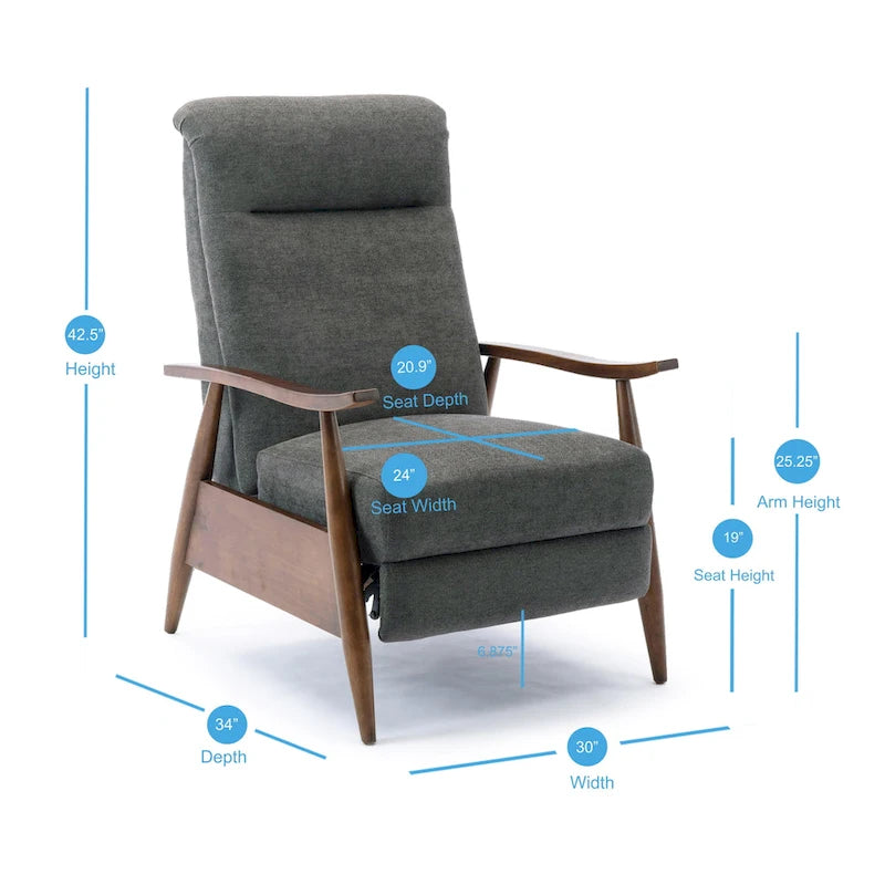 Fauteuil inclinable gris anthracite à dossier basculant – Accoudoirs en bois, une place