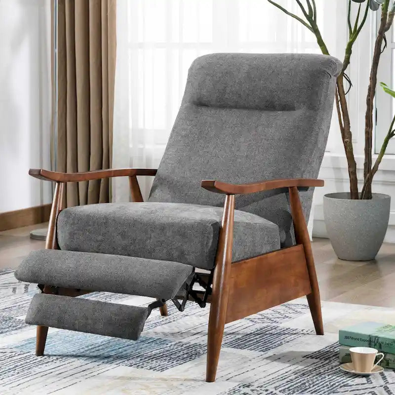 Fauteuil inclinable gris anthracite à dossier basculant – Accoudoirs en bois, une place