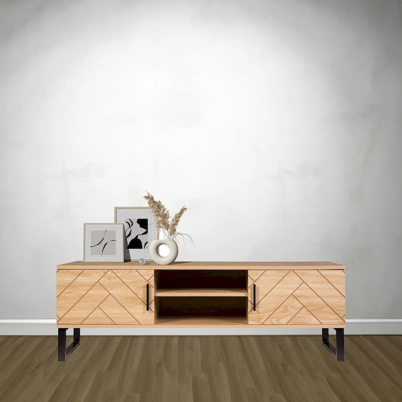 Meuble TV en bois naturel avec 2 tiroirs — Style bord de mer, compatible jusqu'à 55"