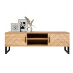 Meuble TV en bois naturel avec 2 tiroirs — Style bord de mer, compatible jusqu'à 55"