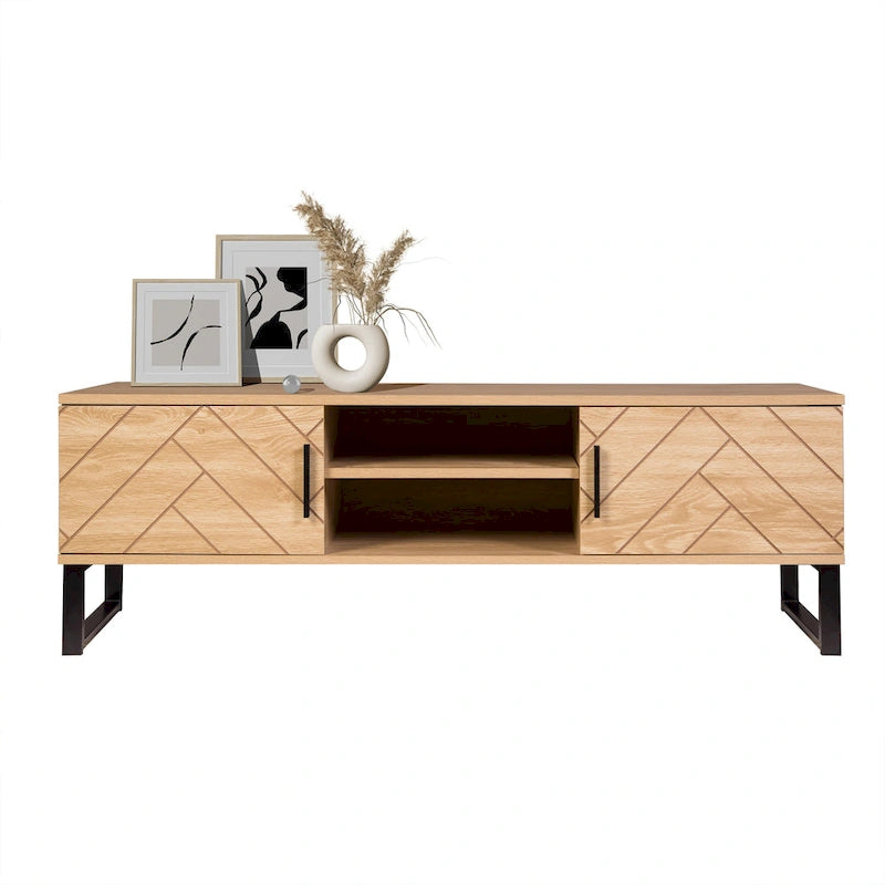 Meuble TV en bois naturel avec 2 tiroirs — Style bord de mer, compatible jusqu'à 55"
