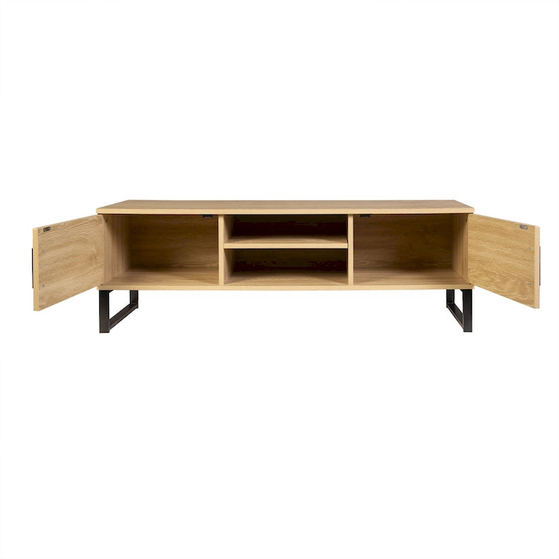 Meuble TV en bois naturel avec 2 tiroirs — Style bord de mer, compatible jusqu'à 55"