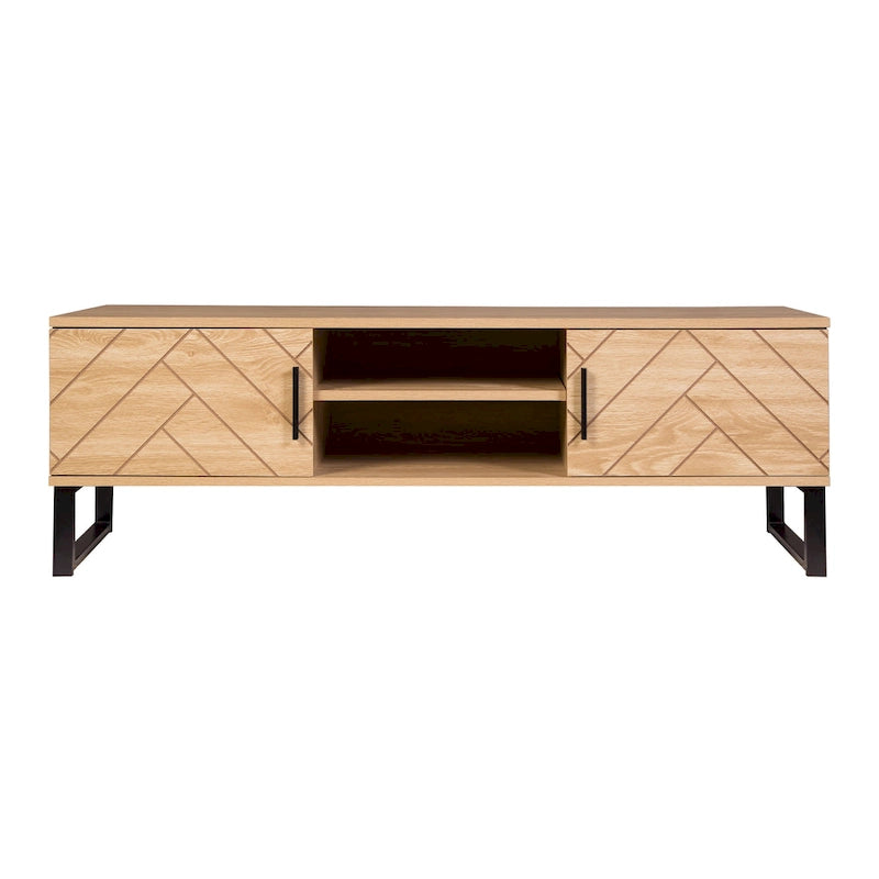 Meuble TV en bois naturel avec 2 tiroirs — Style bord de mer, compatible jusqu'à 55"