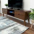 Meuble TV bas marron, style Mid-Century, pour téléviseurs jusqu'à 72 po — 6 compartiments de rangement, montage par 1 personne