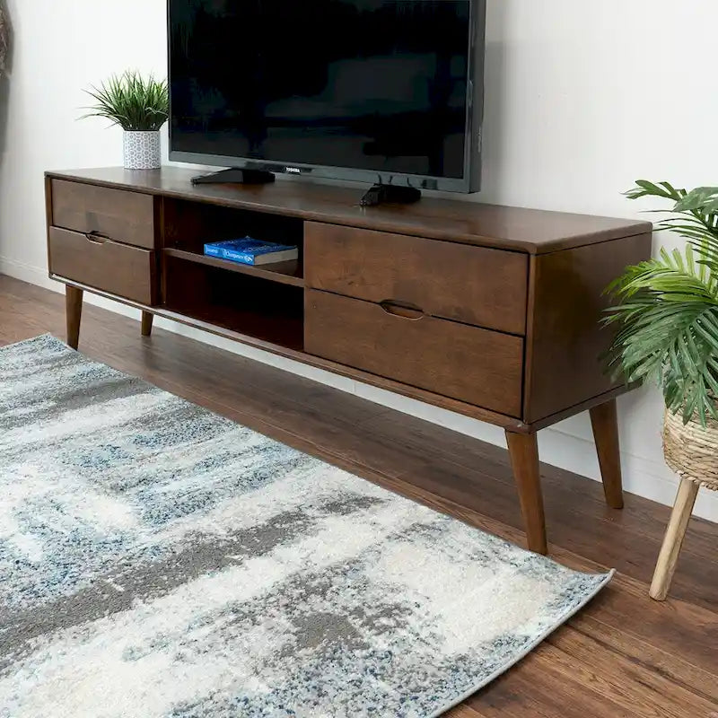 Meuble TV bas marron, style Mid-Century, pour téléviseurs jusqu'à 72 po — 6 compartiments de rangement, montage par 1 personne