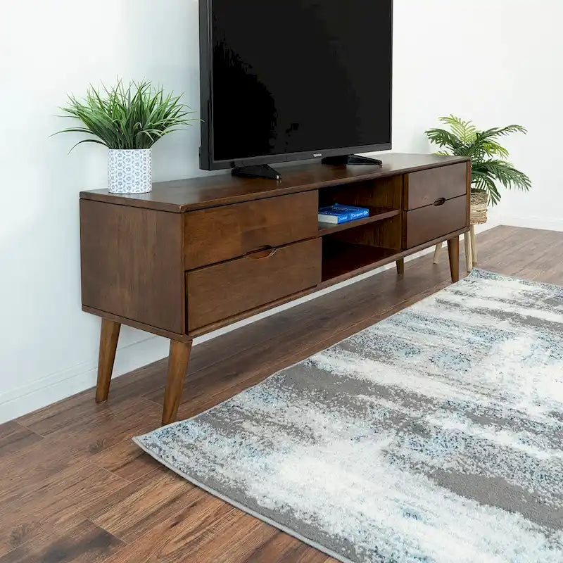 Meuble TV bas marron, style Mid-Century, pour téléviseurs jusqu'à 72 po — 6 compartiments de rangement, montage par 1 personne