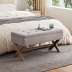 Banc de rangement capitonné gris / beige / marron / vert avec pieds en X — 1 place, 36 po