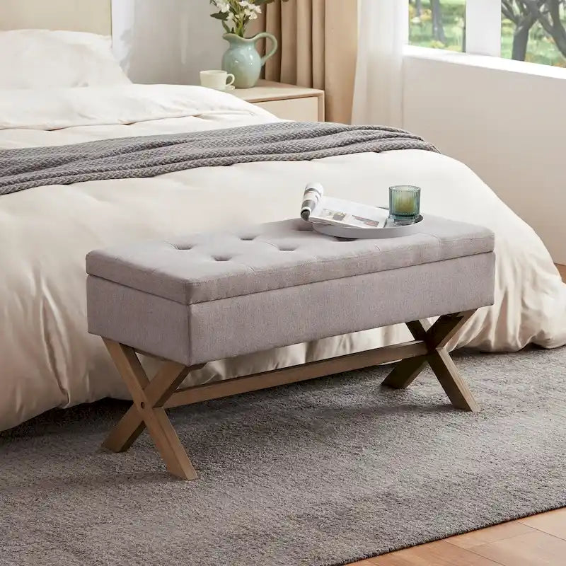 Banc de rangement capitonné gris / beige / marron / vert avec pieds en X — 1 place, 36 po