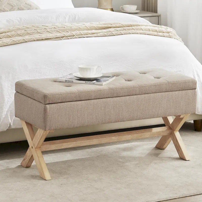 Banc de rangement capitonné gris / beige / marron / vert avec pieds en X — 1 place, 36 po