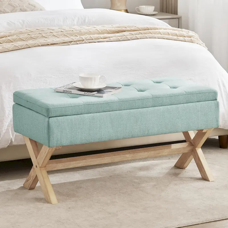 Banc de rangement capitonné gris / beige / marron / vert avec pieds en X — 1 place, 36 po