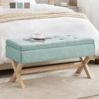 Banc de rangement capitonné gris / beige / marron / vert avec pieds en X — 1 place, 36 po