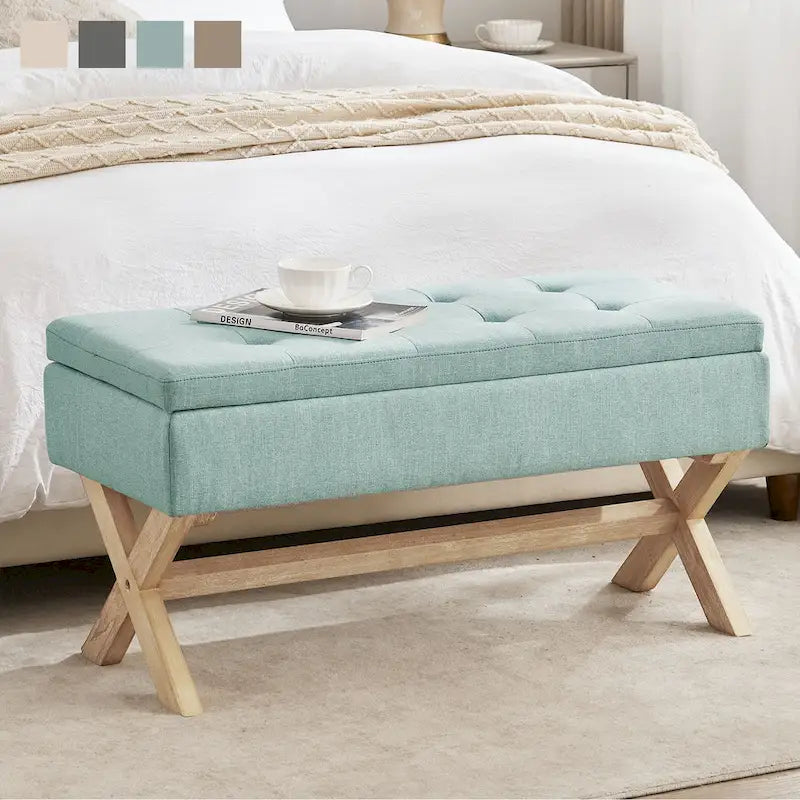 Banc de rangement capitonné gris / beige / marron / vert avec pieds en X — 1 place, 36 po