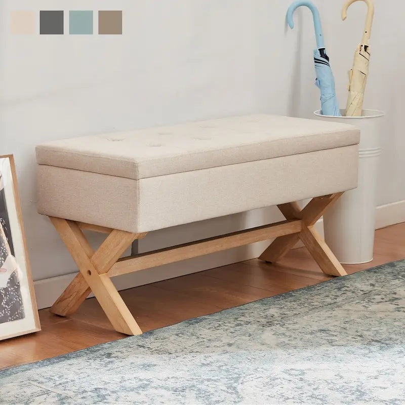 Banc de rangement capitonné gris / beige / marron / vert avec pieds en X — 1 place, 36 po