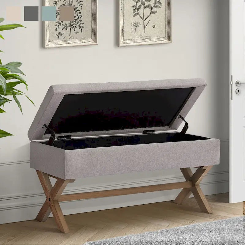 Banc de rangement capitonné gris / beige / marron / vert avec pieds en X — 1 place, 36 po