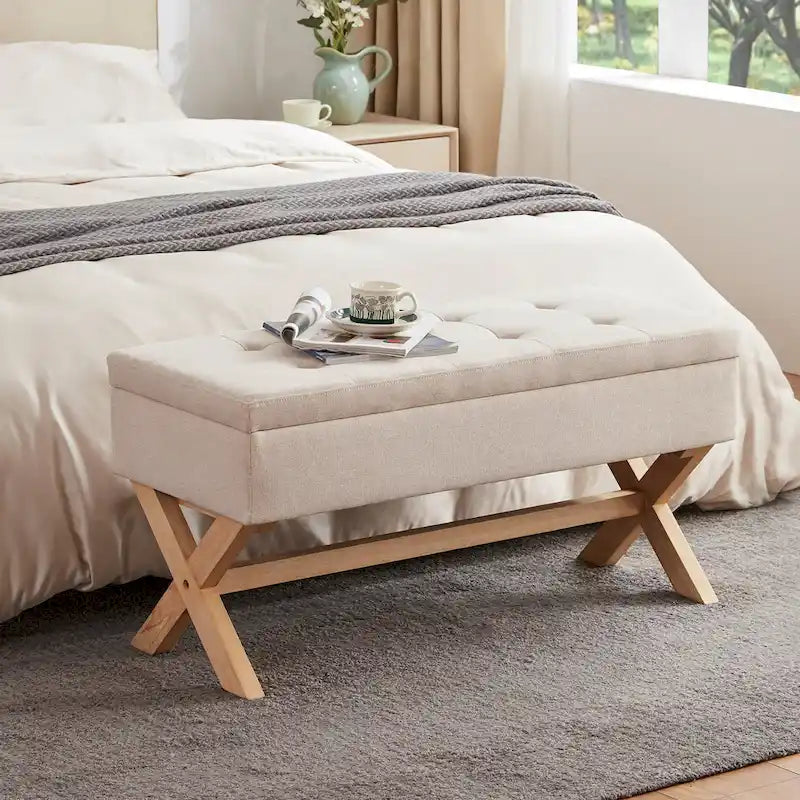 Banc de rangement capitonné gris / beige / marron / vert avec pieds en X — 1 place, 36 po
