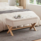 Banc de rangement capitonné gris / beige / marron / vert avec pieds en X — 1 place, 36 po