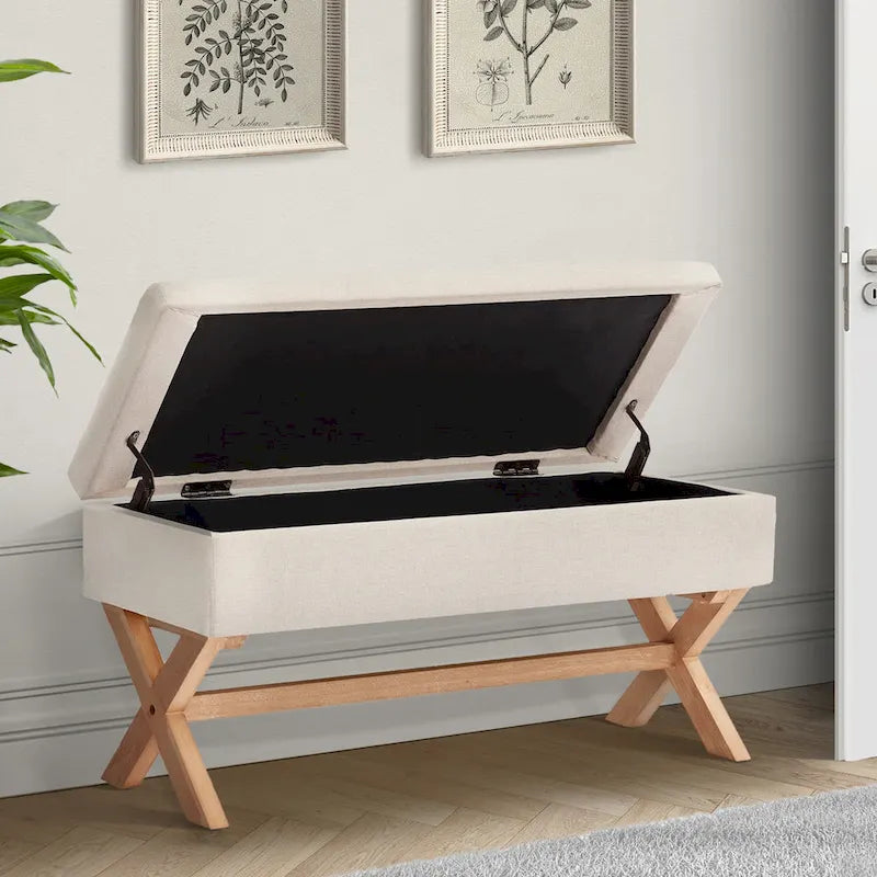 Banc de rangement capitonné gris / beige / marron / vert avec pieds en X — 1 place, 36 po