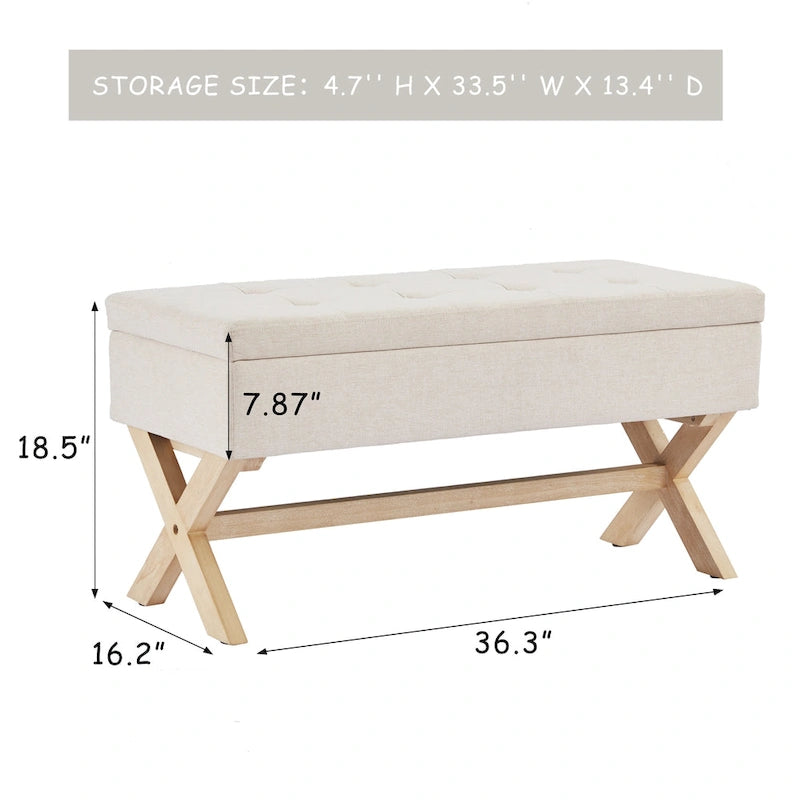 Banc de rangement capitonné gris / beige / marron / vert avec pieds en X — 1 place, 36 po