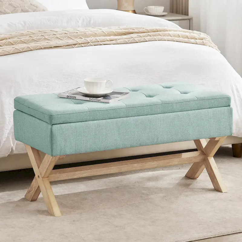 Banc de rangement capitonné gris / beige / marron / vert avec pieds en X — 1 place, 36 po