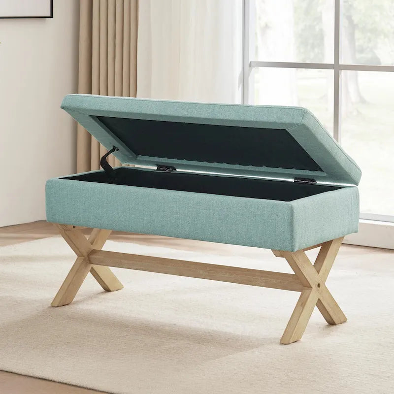 Banc de rangement capitonné gris / beige / marron / vert avec pieds en X — 1 place, 36 po