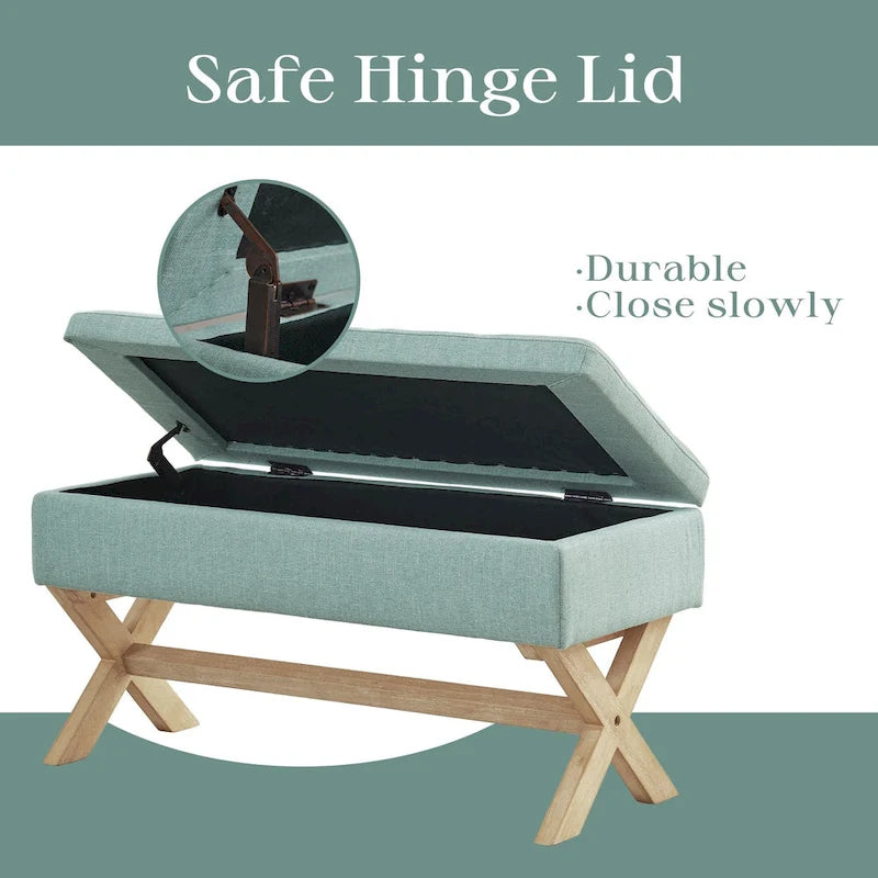 Banc de rangement capitonné gris / beige / marron / vert avec pieds en X — 1 place, 36 po