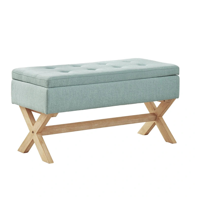 Banc de rangement capitonné gris / beige / marron / vert avec pieds en X — 1 place, 36 po