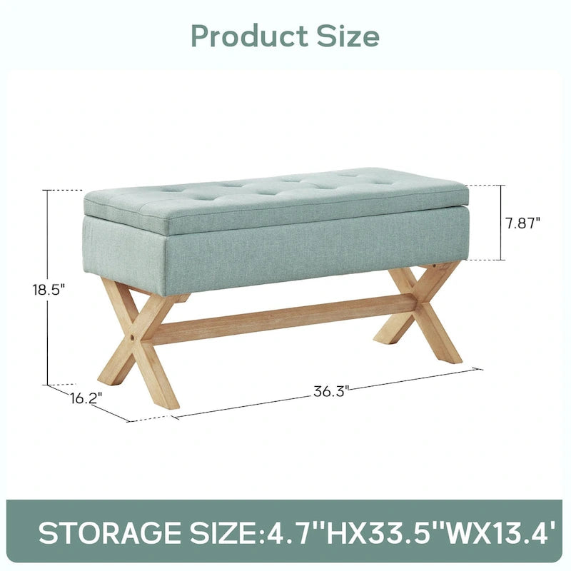 Banc de rangement capitonné gris / beige / marron / vert avec pieds en X — 1 place, 36 po
