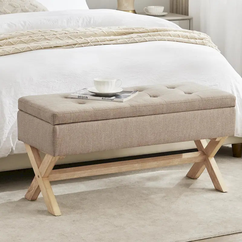 Banc de rangement capitonné gris / beige / marron / vert avec pieds en X — 1 place, 36 po