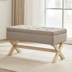 Banc de rangement capitonné gris / beige / marron / vert avec pieds en X — 1 place, 36 po