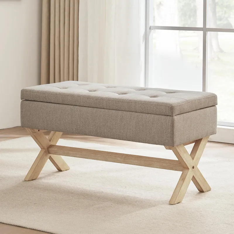 Banc de rangement capitonné gris / beige / marron / vert avec pieds en X — 1 place, 36 po