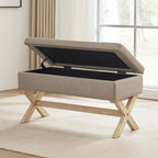 Banc de rangement capitonné gris / beige / marron / vert avec pieds en X — 1 place, 36 po