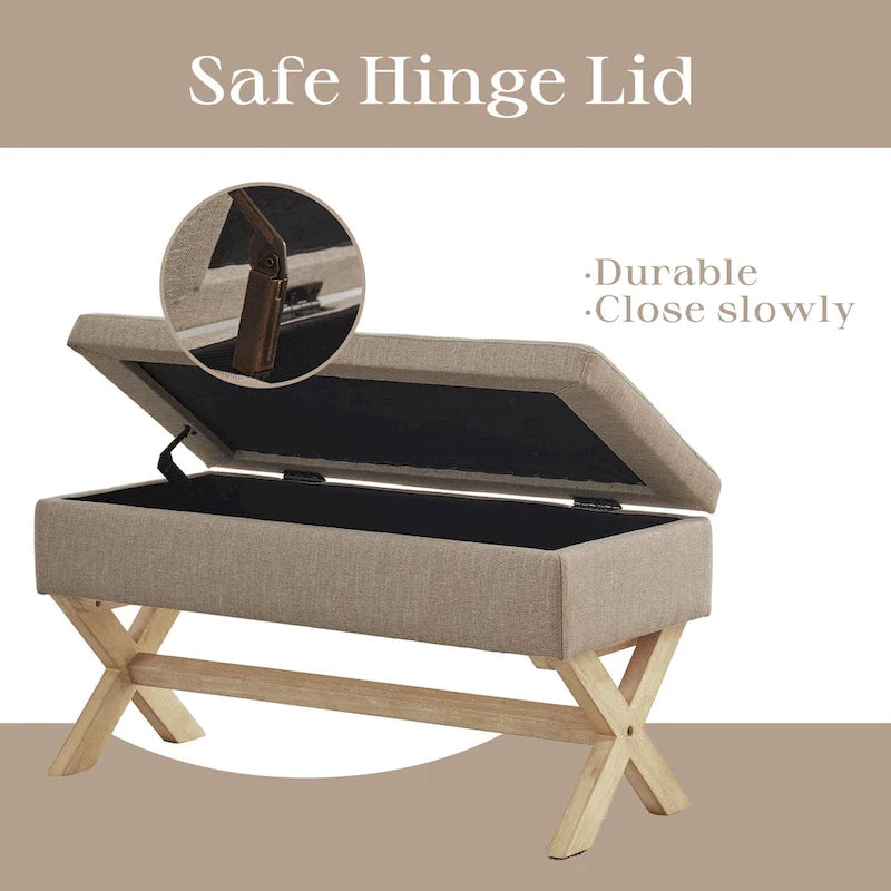Banc de rangement capitonné gris / beige / marron / vert avec pieds en X — 1 place, 36 po