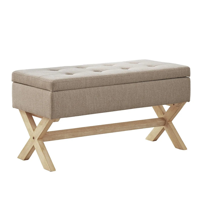 Banc de rangement capitonné gris / beige / marron / vert avec pieds en X — 1 place, 36 po