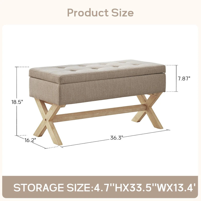 Banc de rangement capitonné gris / beige / marron / vert avec pieds en X — 1 place, 36 po