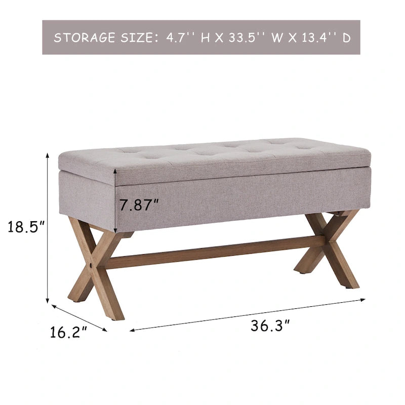 Banc de rangement capitonné gris / beige / marron / vert avec pieds en X — 1 place, 36 po